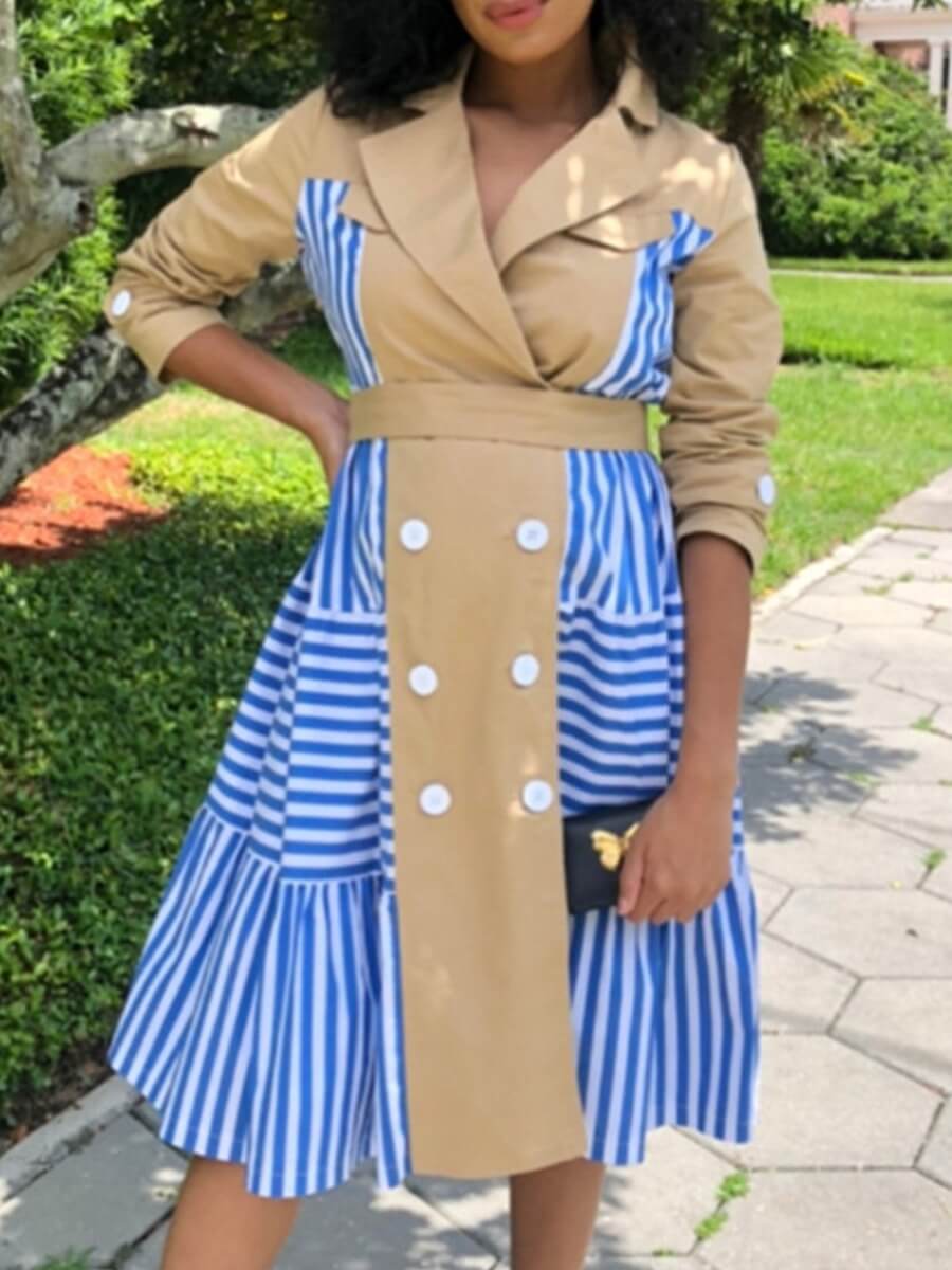 

Lovely Trendy Turndown Collar Striped Patchwork Khaki Trench Coat