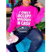 LW Casual O Neck Letter Print Rose Red Hoodie
