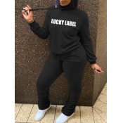Lovely Casual Hooded Collar Letter Print Black Two