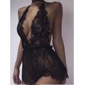 Lovely Sexy Backless Lace See-through Black Sleepw