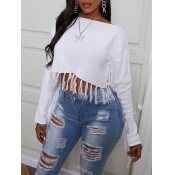 Lovely Sweet O Neck Tassel Design White Sweater