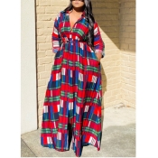 Lovely Trendy Turndown Collar Grid Print Loose Red