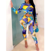 Lovely Trendy O Neck Print Skinny Blue Two Piece P