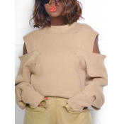 Lovely Stylish O Neck Hollow-out Khaki Sweater