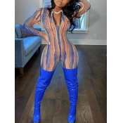 Lovely Trendy Print Zipper Design Skinny Blue One-
