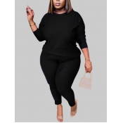 Lovely Plus Size Casual O Neck Basic Black Two-pie