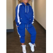 Lovely Sportswear Hooded Collar Patchwork Blue Two