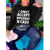 LW Casual O Neck Letter Print Black Hoodie
