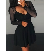 Lovely Sweet Deep V Neck Patchwork See-through Bla
