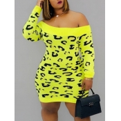 Lovely Stylish Dew Shoulder Leopard Print Yellow M