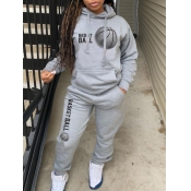 Lovely Casual Hooded Collar Print Grey Two Piece P