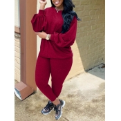 Lovely Casual O Neck Basic Red Plus Size Two-piece
