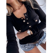 Lovely Stylish Buttons Design Black Plus Size T-sh