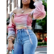 Lovely Sweet Dew Shoulder Tie-dye Pink Blouse