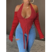Lovely Sexy Deep V Neck Fold Design Red T-shirt