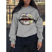 Lovely Casual O Neck Lip Print Light Grey Hoodie