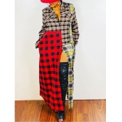 Lovely Casual Plaid Print Pocket Design Red Trench