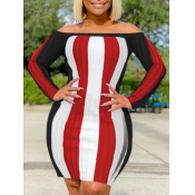 Lovely Plus Size Casual Dew Shoulder Striped Red M