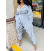 Lovely Leisure V Neck Knot Design Grey Two Piece P