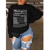 LW Casual O Neck Letter Print Black Hoodie