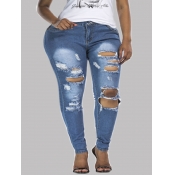 Lovely Stylish Broken Holes Skinny Blue Jeans