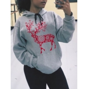Lovely Casual Hooded Collar Print Grey Hoodie