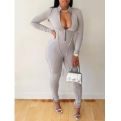 Lovely Sportswear Zipper Design Patchwork Grey One