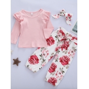 Lovely Sweet O Neck Print Pink Girl Two-piece Pant