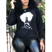 Lovely Casual O Neck Print Black Hoodie