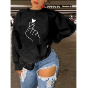 Lovely Casual Hooded Collar Print Black Plus Size 