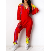 Lovely Casual V Neck Print Red One-piece Jumpsuit