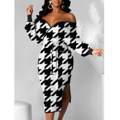 Lovely Trendy Dew Shoulder Print Black Knee Length