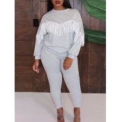Lovely Casual O Neck Tassel Design Grey Two Piece 