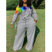 Lovely Stylish Dew Shoulder Print Grey Plus Size O