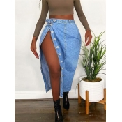 Lovely Casual Buttons Design Blue Denim Skirt