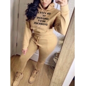 Lovely Casual O Neck Long Sleeve Khaki Two Piece P
