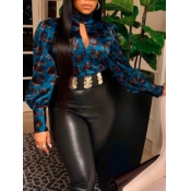 Lovely Street Turtleneck Print Deep Blue Blouse