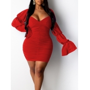 Lovely Stylish V Neck Fold Design Red Mini Plus Si
