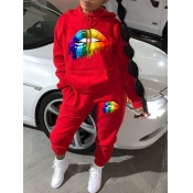LW Casual Hooded Collar Long Sleeve Lip Print Red 