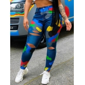 Lovely Trendy Camo Print Hollow-out Blue Pants