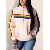 Lovely Casual Hooded Collar Rainbow Striped Light 