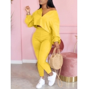 LW V Neck Zipper Design Basic Pants Set
