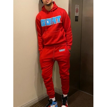 

LW Men Hooded Collar Letter Print Tracksuit Set, Red