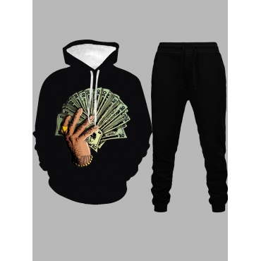 

LW Men Trendy Hooded Collar Print Black Two-piece Pants Set