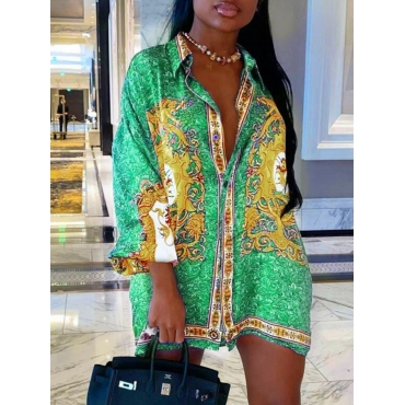 

LW Casual Turndown Collar Print Patchwork Green Mini Dress