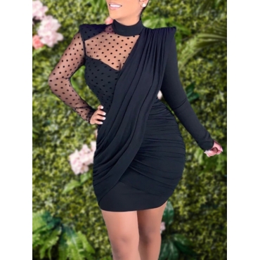 

LW Stylish Turtleneck Dot Print Patchwork Black Mini Dress