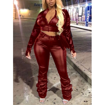 

LW Plus Size Zipper Design Wine Red Pants Set