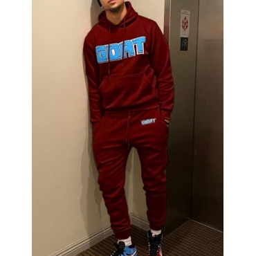 

LW Men Hooded Collar Letter Print Tracksuit Set, Wine red