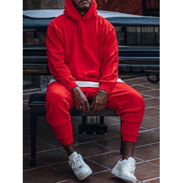 

LW Men Hooded Collar Drawstring Pants Set, Red