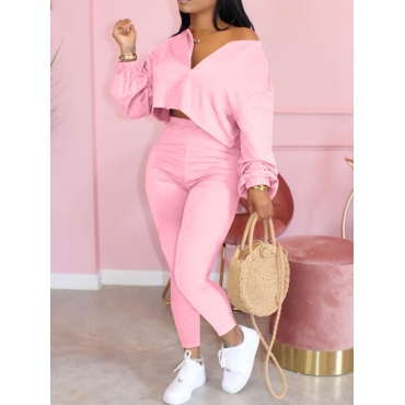 

LW V Neck Zipper Design Basic Pants Set, Pink